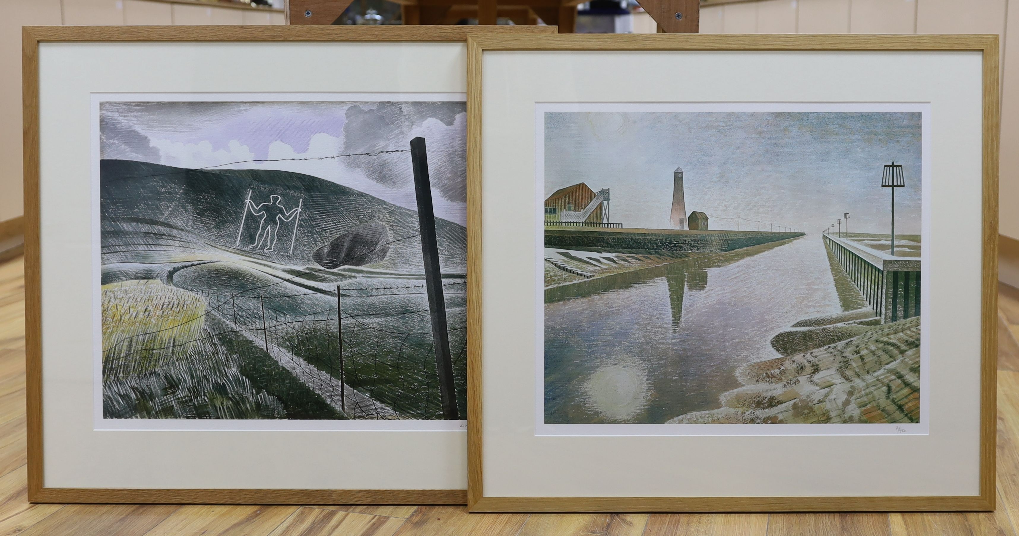 After Eric Ravilious, two limited edition prints, 'Rye Harbour' and 'The Wilmington Giant', 2/950 and 210/950, 47 x 56cm